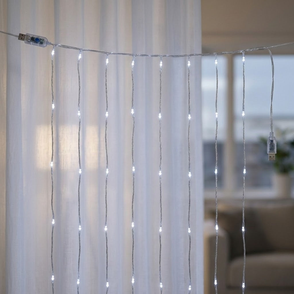White LED curtain string lights hanging in vertical strands in front of sheer white curtains, with a power adapter visible on the left and right.