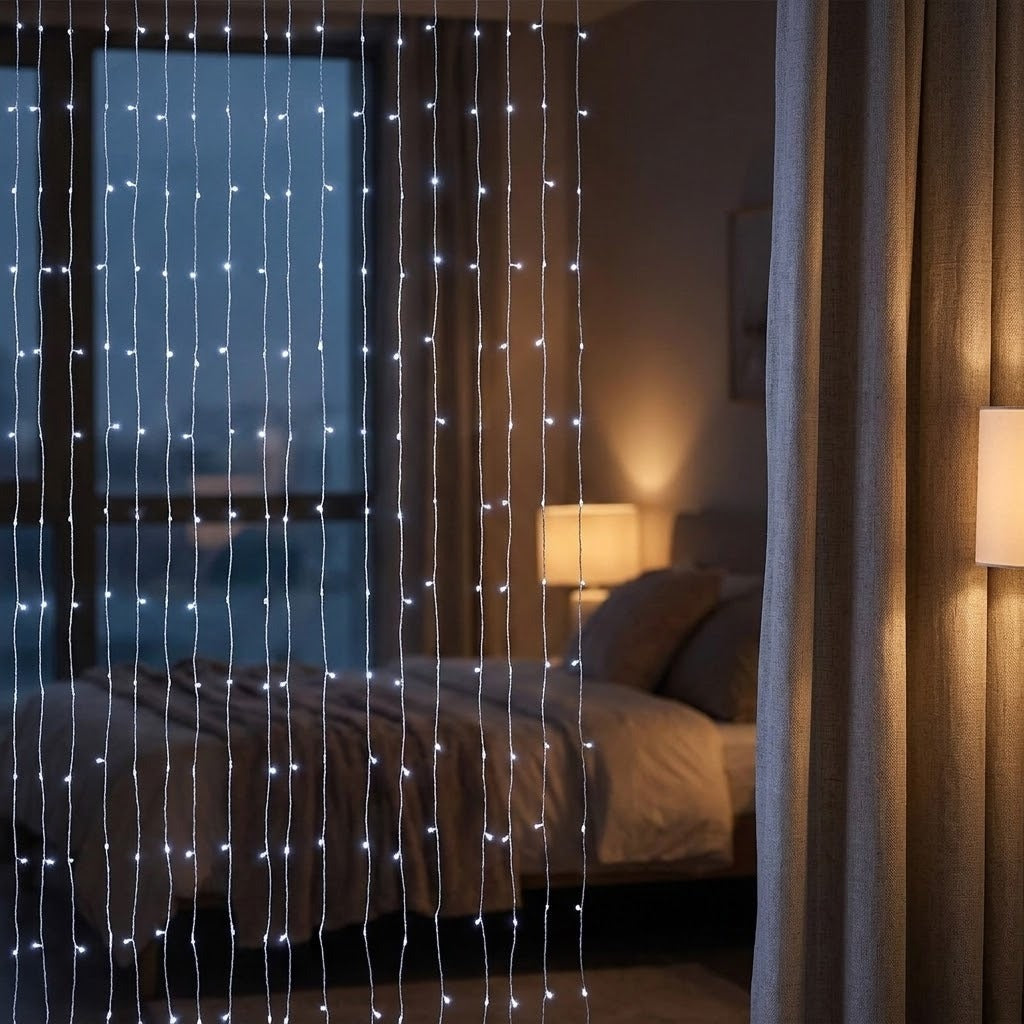 Vertical string curtain lights with small glowing bulbs hanging in front of a bedroom window, creating a soft light barrier in a dimly lit room.