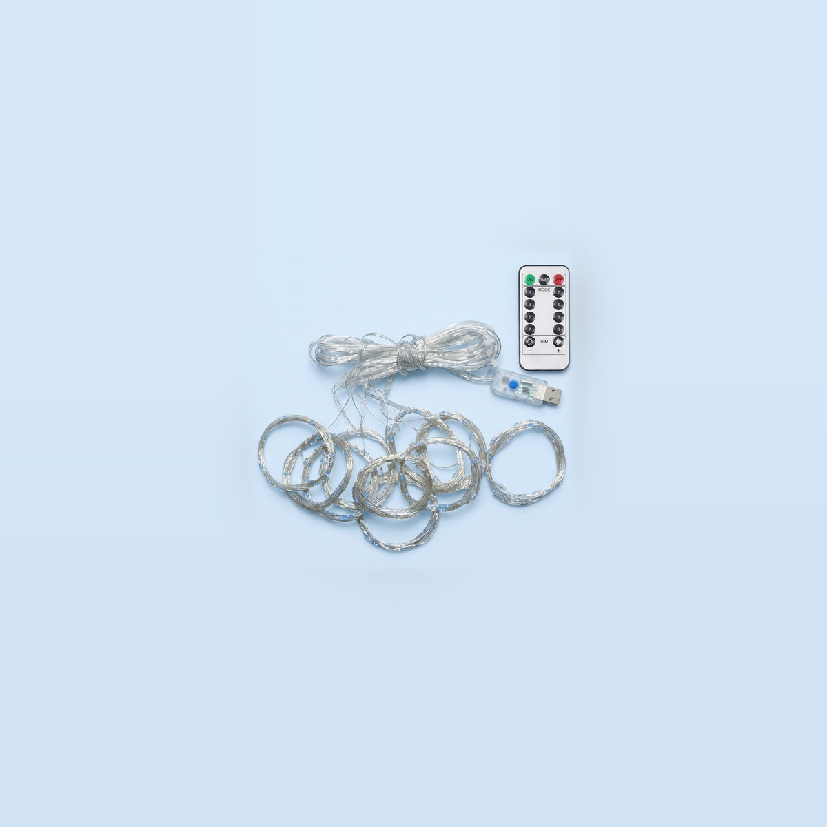 Blue LED curtain light, 300 x 300 cm, coiled with a USB plug and white remote control on a light blue background.