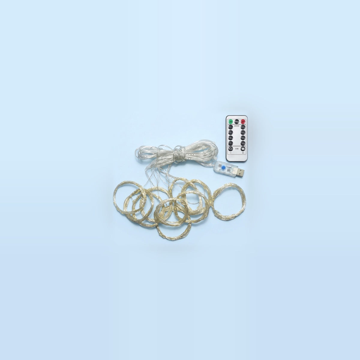 An unlit LED curtain light has coiled clear strands, a USB controller, and a white remote on a pale blue background.