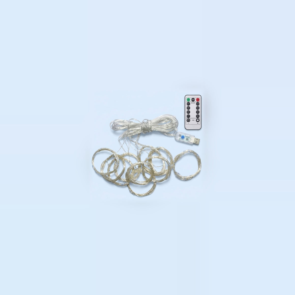Blue LED curtain light, 300 x 200 cm, shown coiled with a white remote control and USB plug on a light blue background.