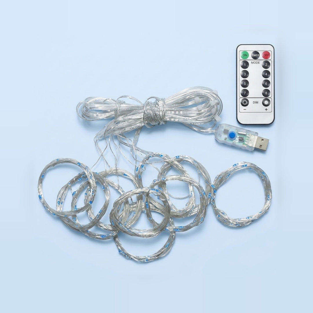 Coiled blue LED curtain light, 600 x 300 cm, with USB plug and white remote on a light blue background.
