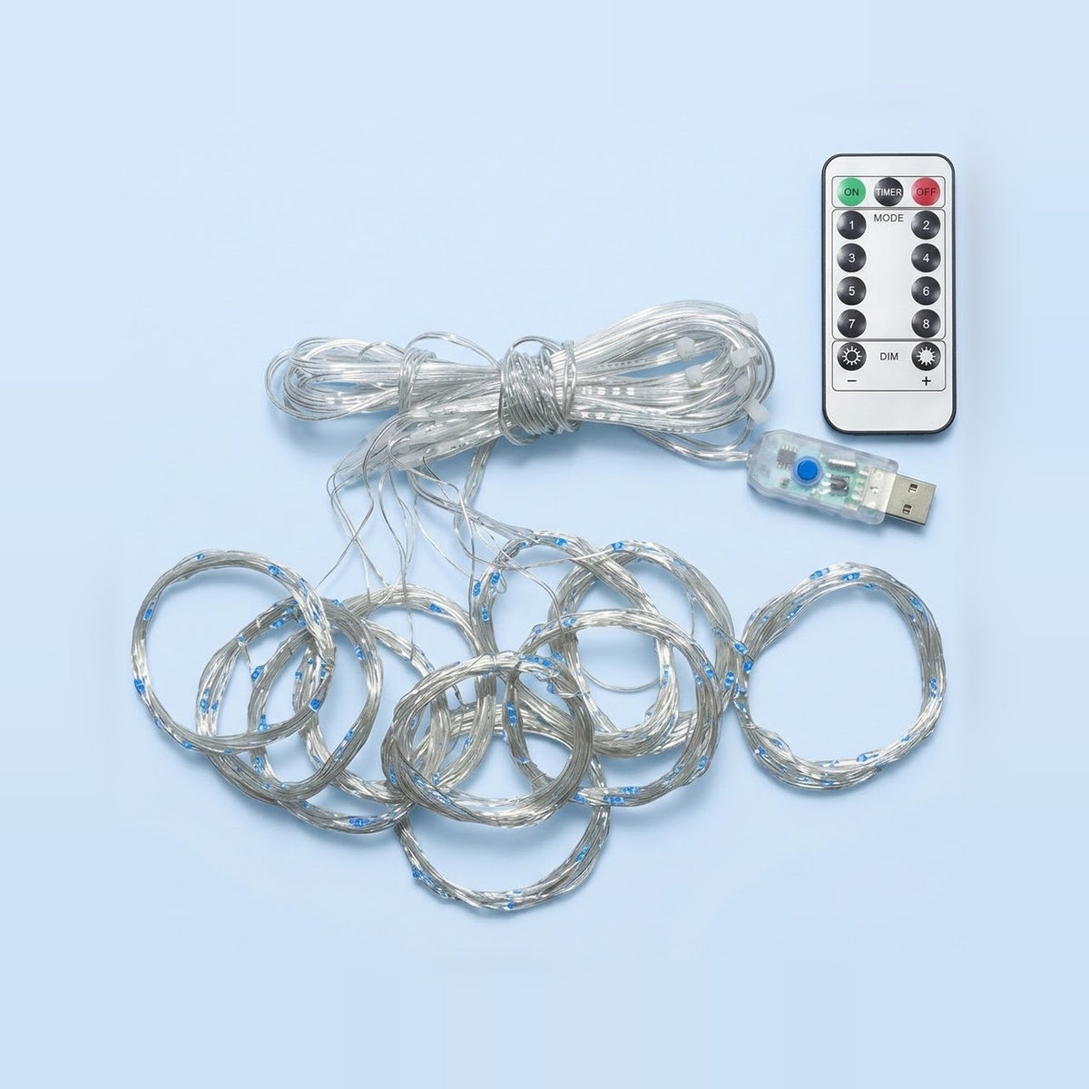 Coiled blue LED curtain light, 600 x 300 cm, with USB plug and white remote on a light blue background.