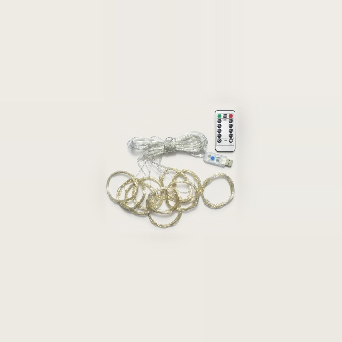 LED curtain light with coiled silver-colored wires, a USB connector, and a white remote on an off-white background.