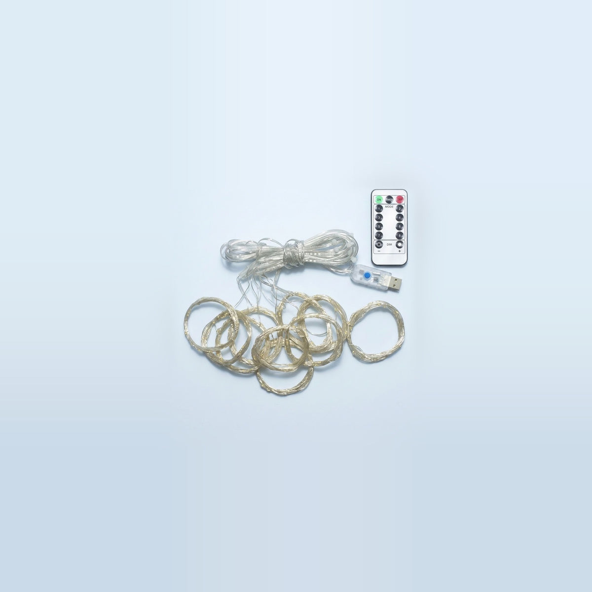 LED curtain light with coiled silver-colored wires, a USB connector, and a white remote on a pale blue background.