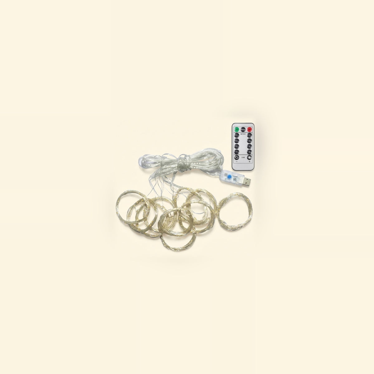 An unlit LED curtain light rests on a cream background with looped clear strands, a bundled cable, a USB controller, and white remote.