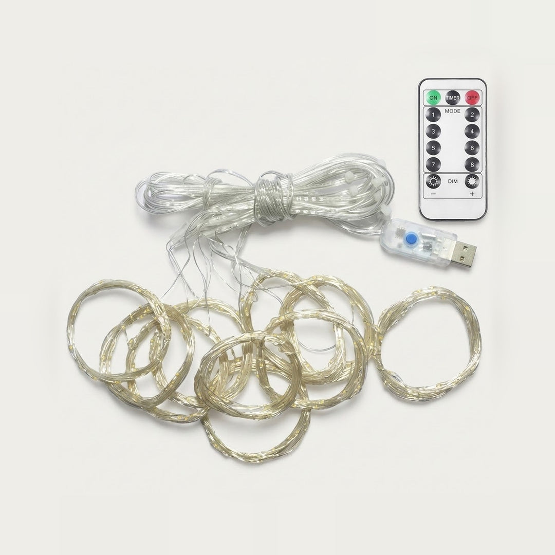 An unlit LED curtain light has looped clear strands, a bundled cable, a USB controller, and a white remote on light gray.
