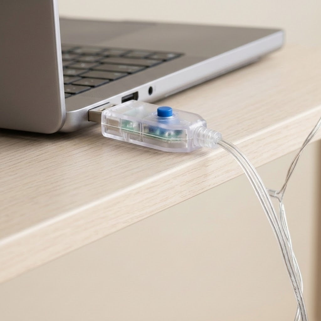 Clear USB plug with a blue button powering an LED curtain light, plugged into a laptop on a light wood desk.