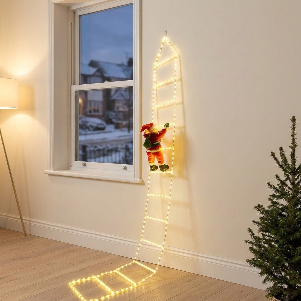Warm white Christmas string lights form a ladder with a red Santa ornament beside a window and Christmas tree.