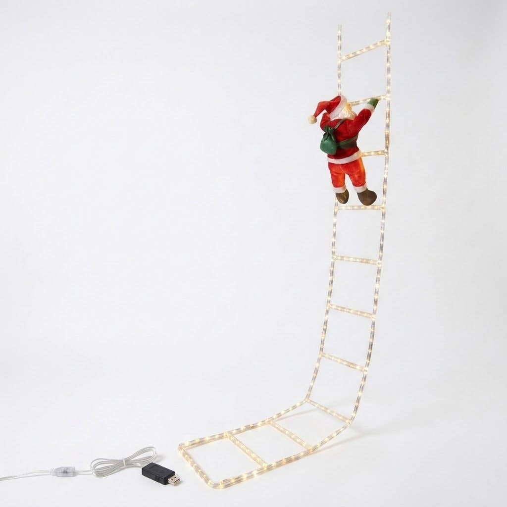 Ladder-shaped Christmas string lights with a red Santa ornament, clear cable, and USB connector stand against a white background.