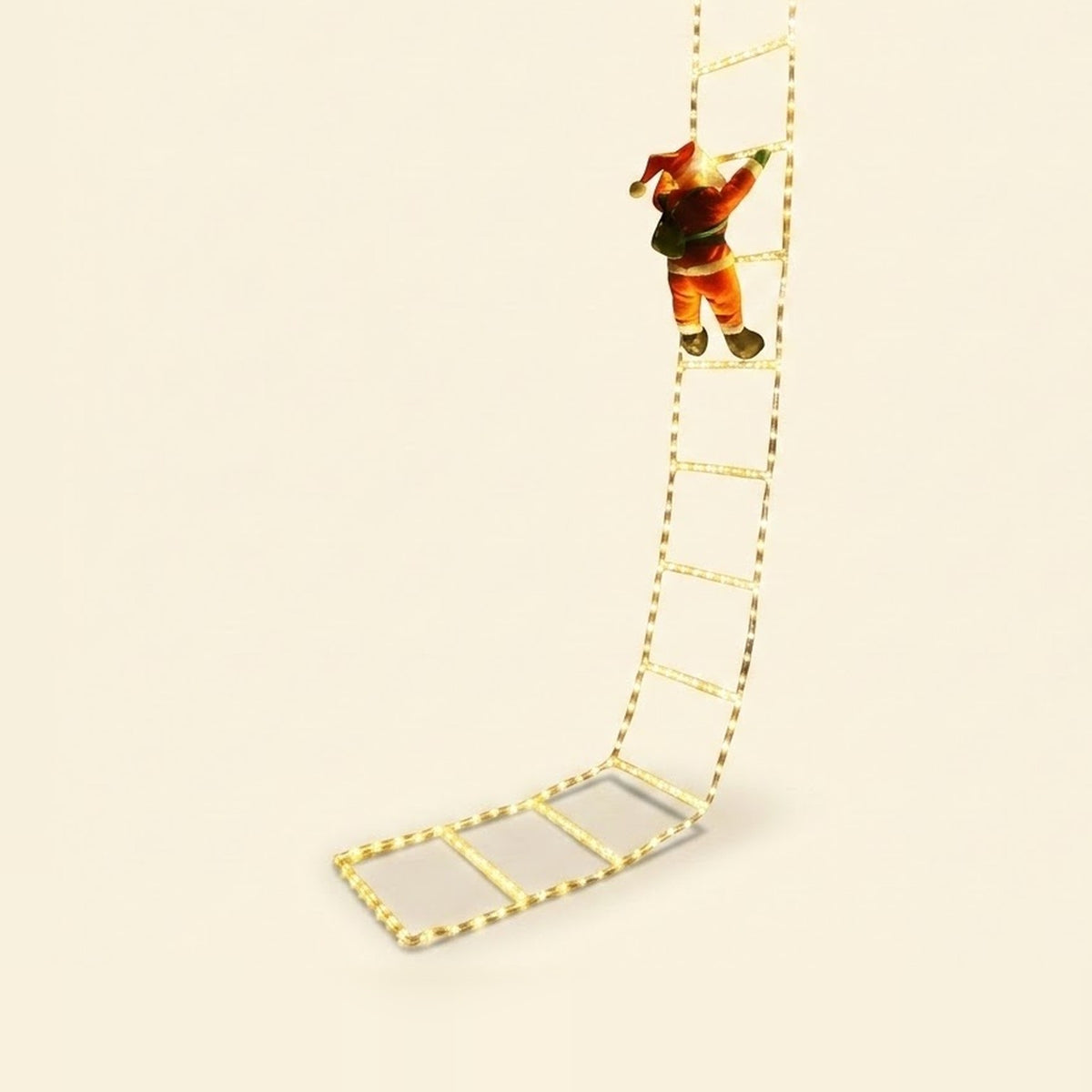 Warm white Christmas string lights form a ladder with a red Santa figure, curving onto the floor against a cream background.