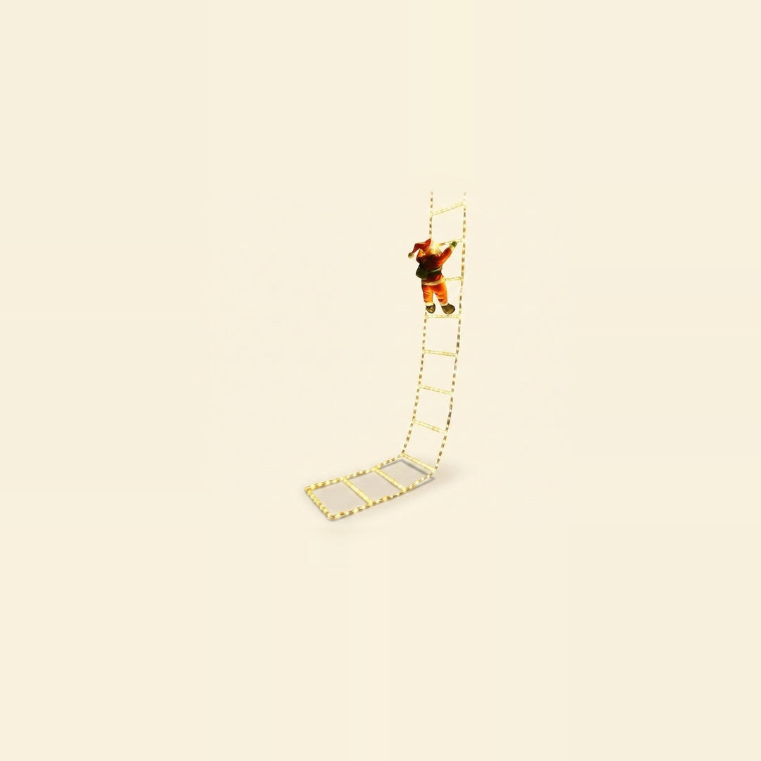 Warm white Christmas string lights form a ladder with a red Santa figure, displayed centrally with ample cream background.