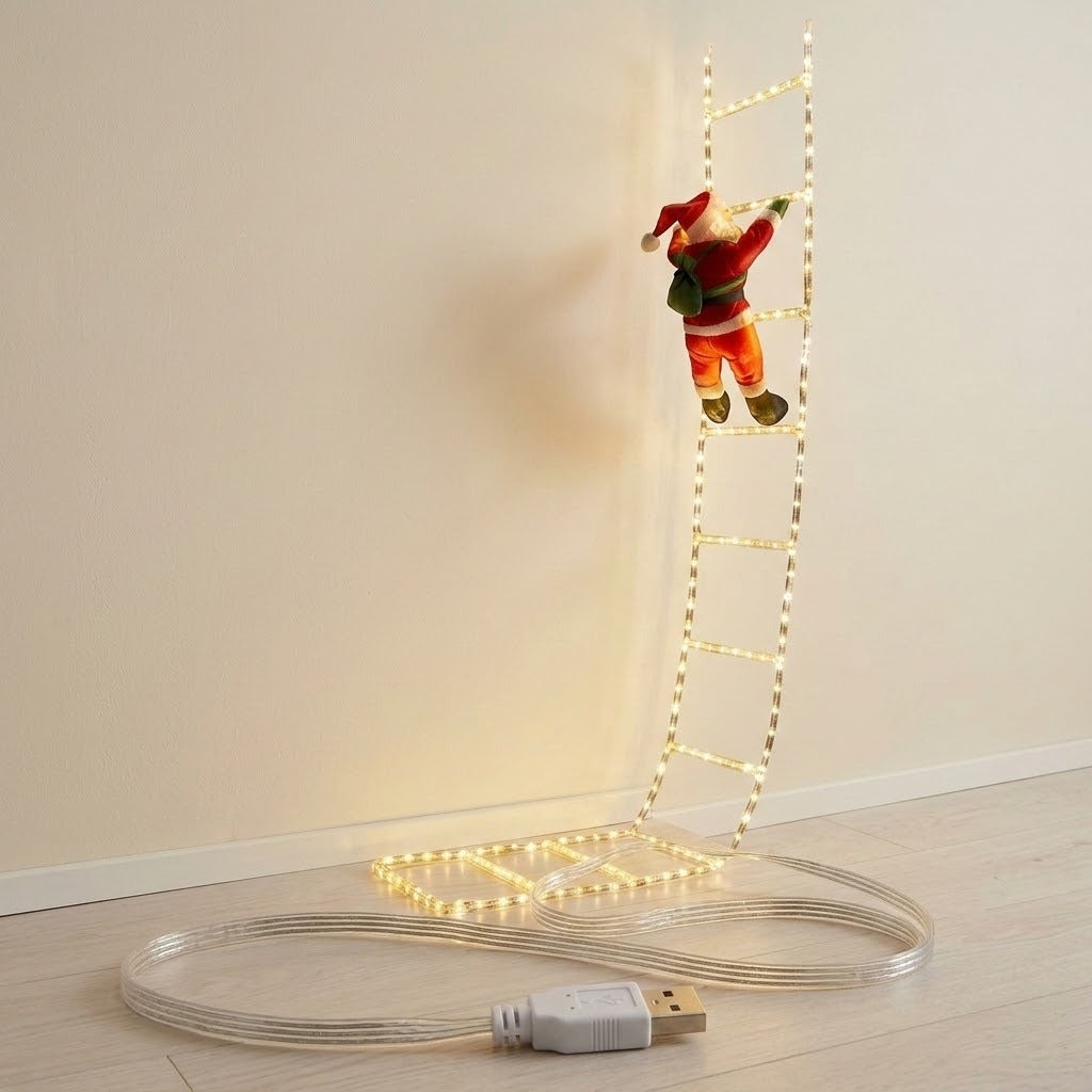 Warm white ladder-shaped Christmas string lights with a Santa ornament hang against a cream wall, with a coiled USB cable below.