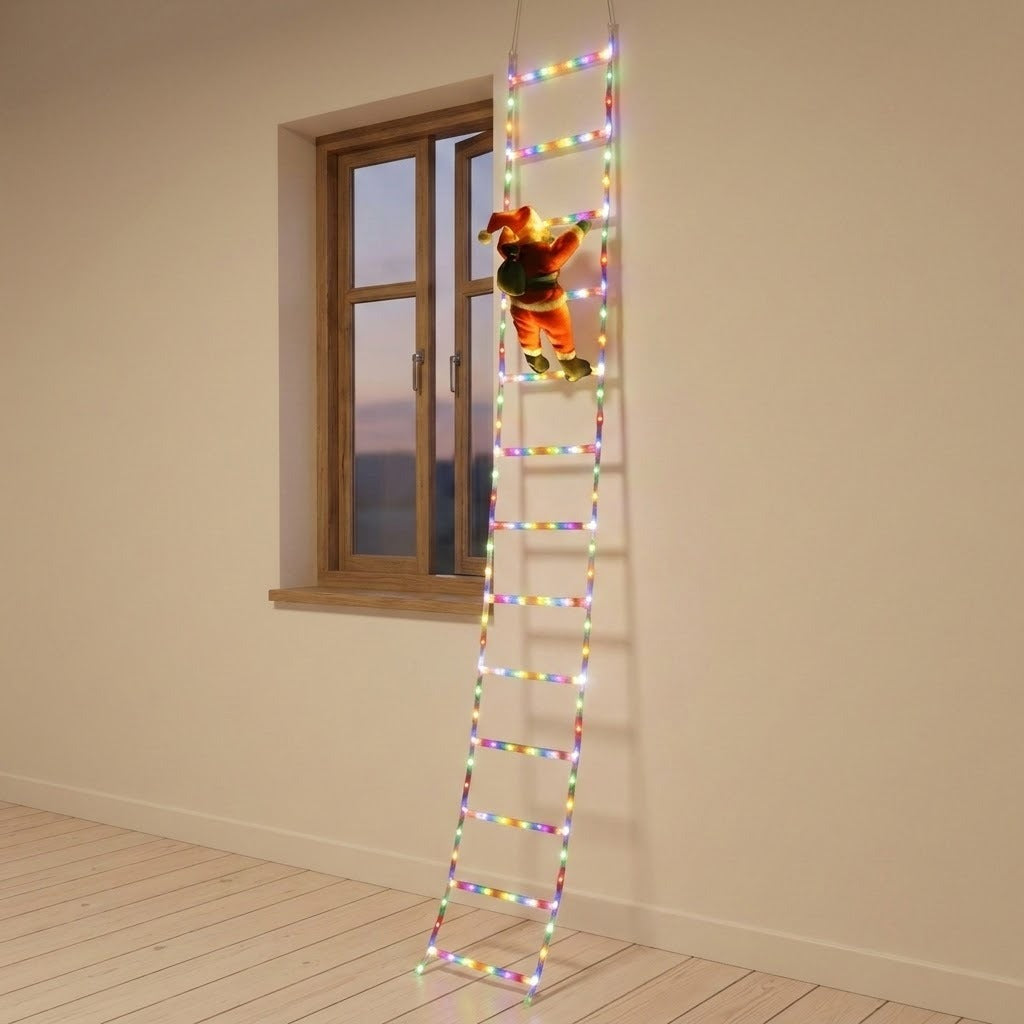 Multicolor Christmas string lights form a ladder with a red Santa figure beside a wooden window against a beige wall.