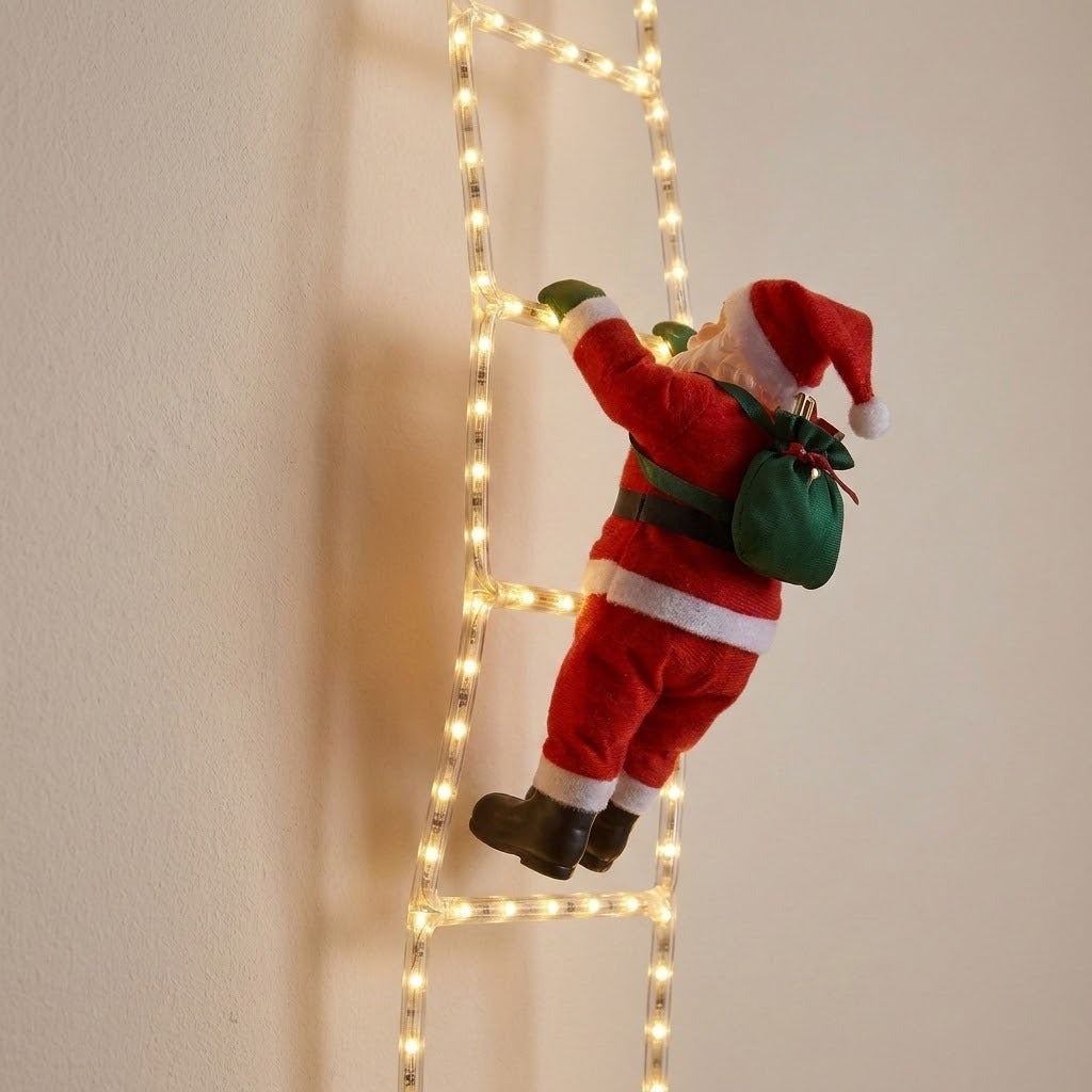 Warm white Christmas string lights form a ladder holding a red Santa figure with a green sack against a cream wall.