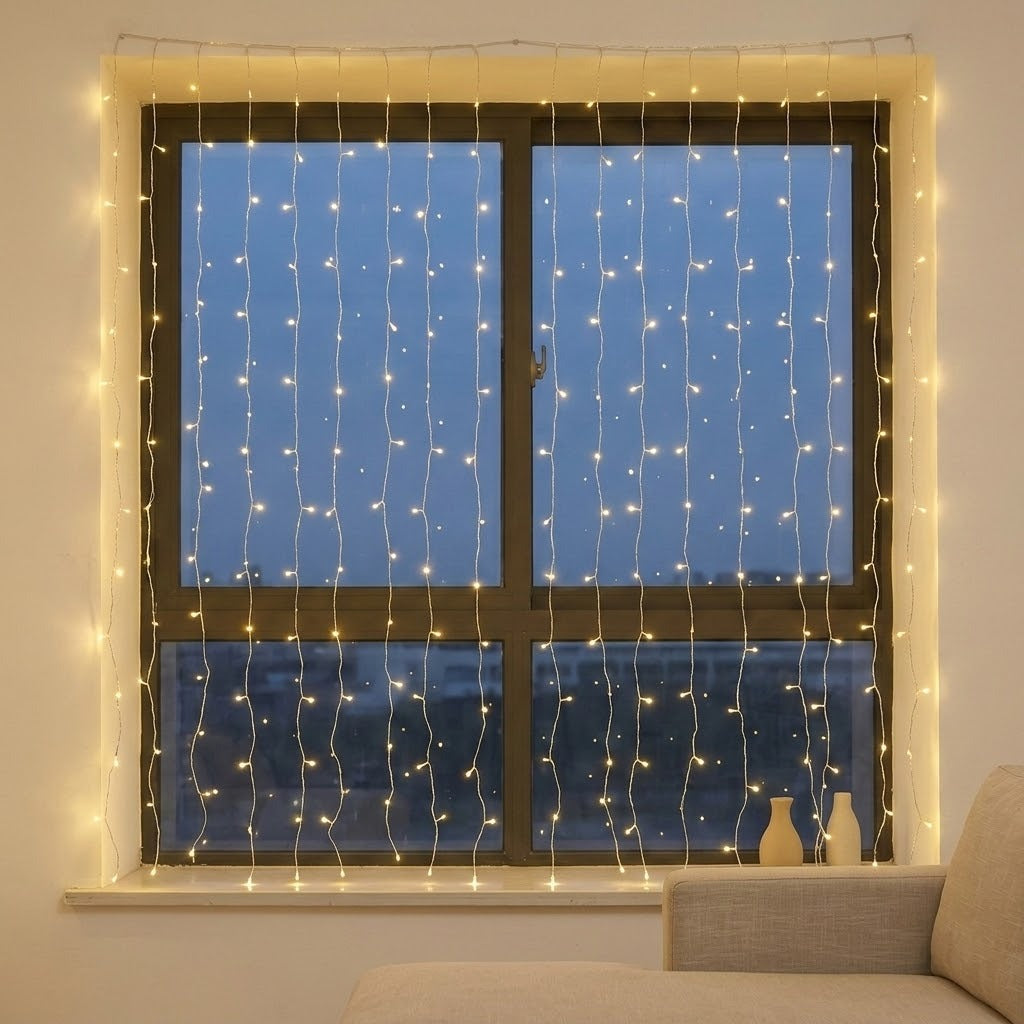 Warm white curtain string lights draped over a dark-framed window at dusk, with a beige sofa partially visible in the foreground.