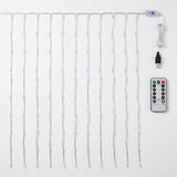 White LED curtain string lights with a USB cable, power adapter, and a silver remote control on a plain white background.