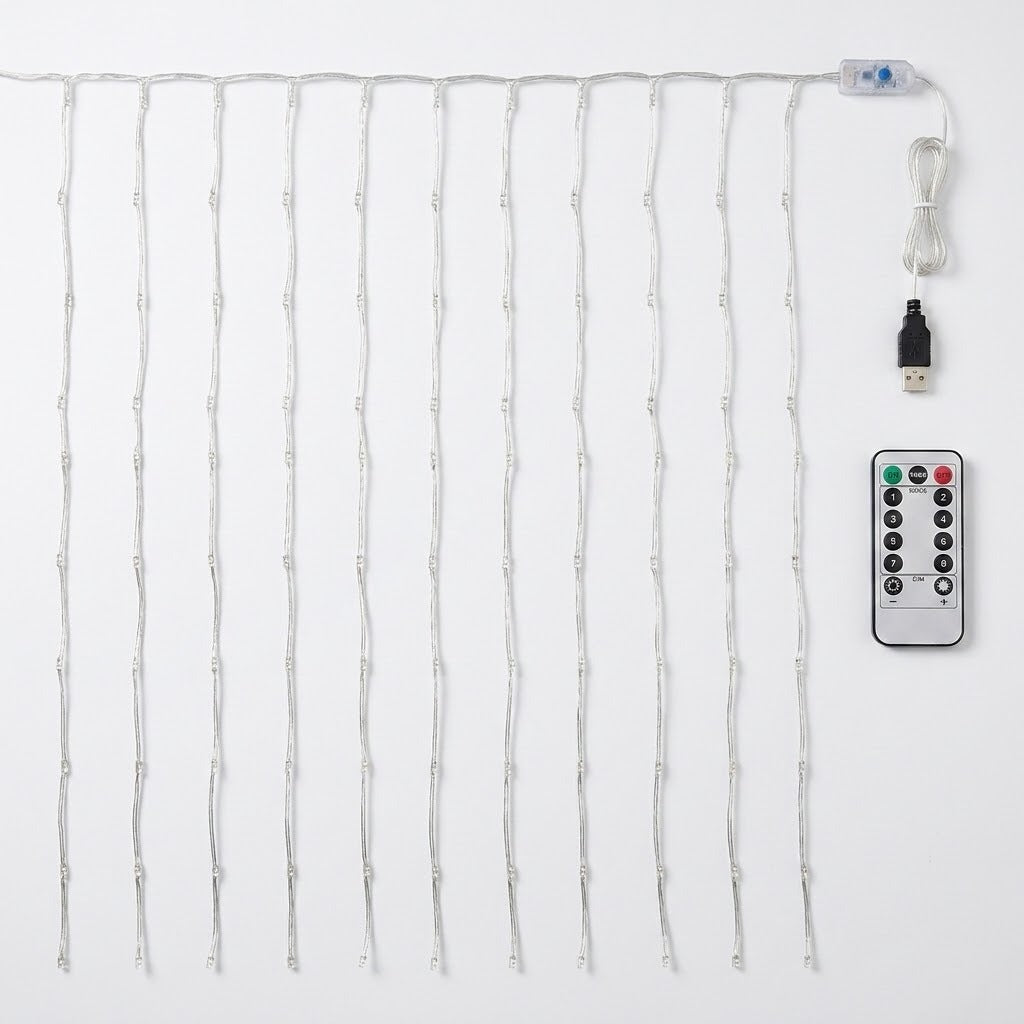 White LED curtain string lights with a USB cable, power adapter, and a silver remote control on a plain white background.