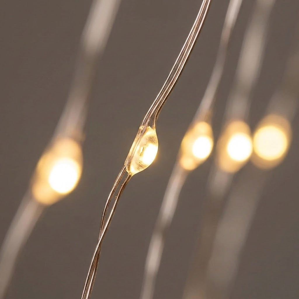 Warm white LED fairy string lights on thin copper wire, with one light bulb in sharp focus in the foreground and several blurred bulbs receding in the background against a dark gray backdrop.