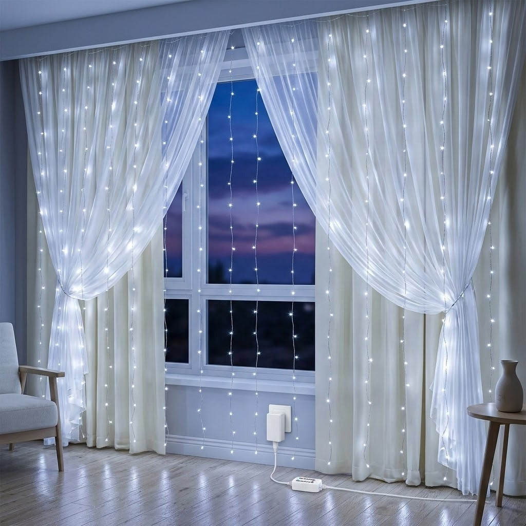 White curtain panels with hanging string fairy lights illuminated in front of a window at dusk, shown in a styled room with a chair and side table.