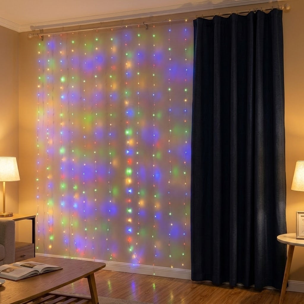 Multicolor LED string lights hang vertically against a cream living room wall beside a dark curtain, with lamps and wooden furniture nearby.