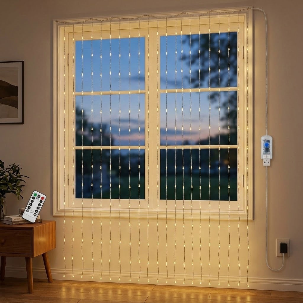 Warm white LED curtain string lights draped in vertical strands in front of a window, with a remote control on a side table and a wall-mounted controller visible in a styled room setting.
