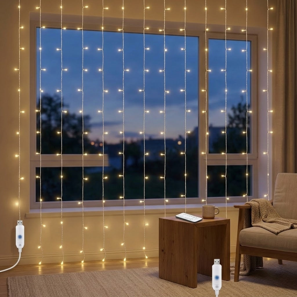 Warm white curtain string lights hanging in front of a window in a cozy living room at dusk, with a side table, chair, and power adapters visible.