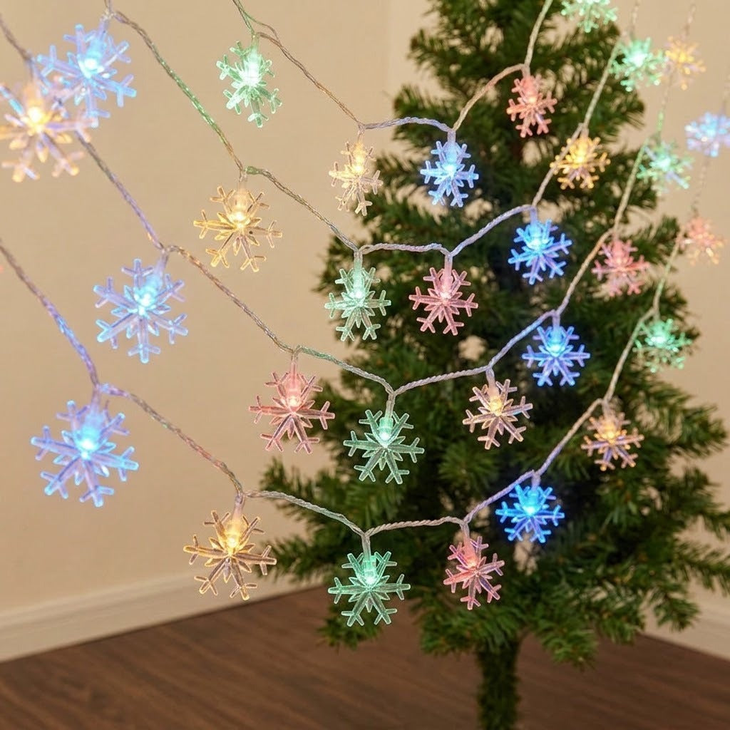 Multicolor snowflake-shaped LED string lights draped over a green Christmas tree in a room with beige walls and wood flooring.