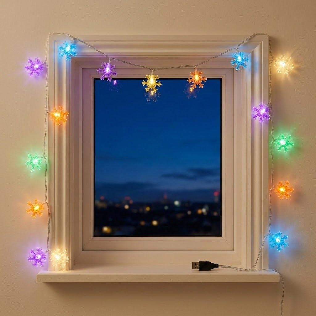 Multicolor LED snowflake string lights draped around a white window frame, with a night city skyline visible through the glass and a USB charging cable at the bottom.