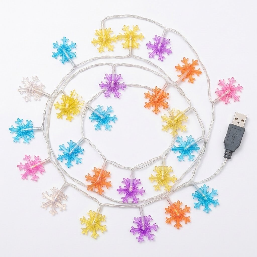 Multicolored translucent snowflake string lights with clear wire and a black USB plug loosely coiled on a white background.