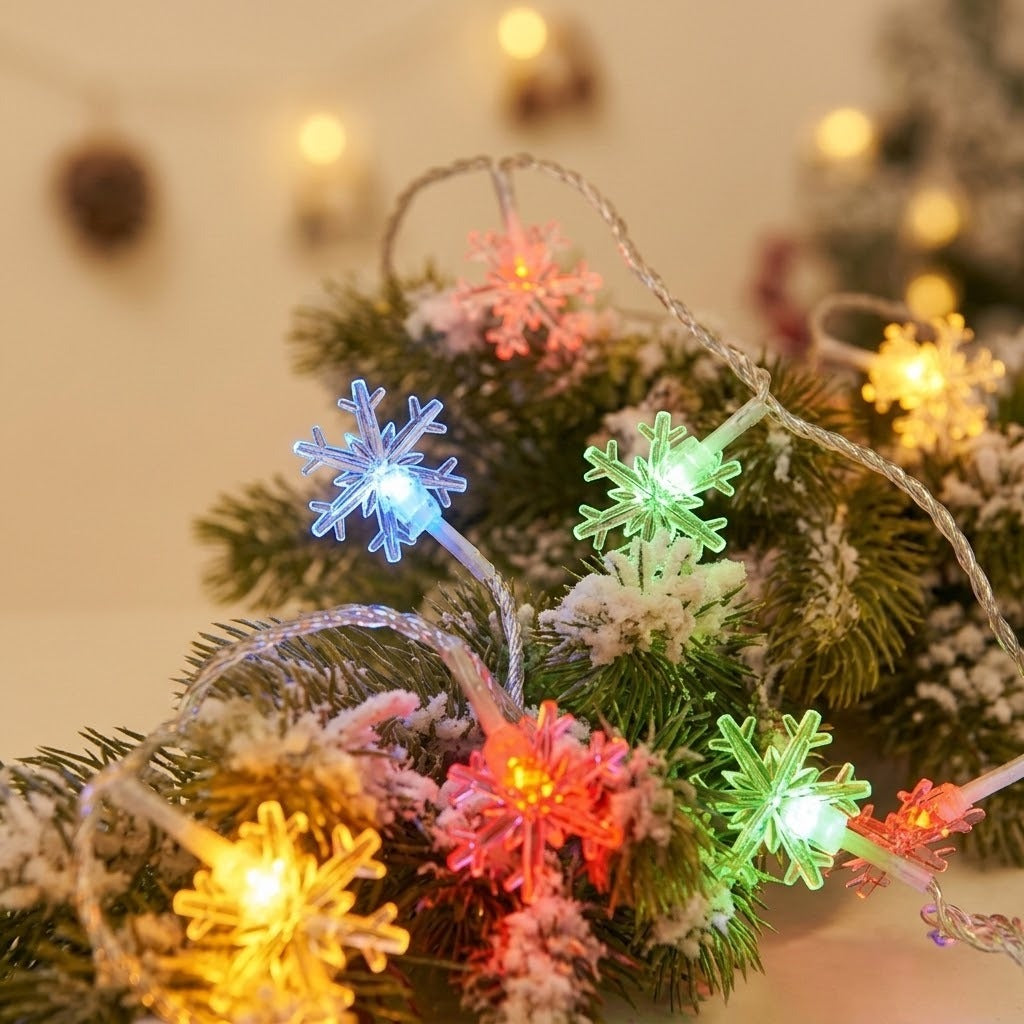 Multicolor LED snowflake string lights glowing on a decorated Christmas tree, with green, blue, red, and yellow snowflake-shaped bulbs among frosted pine branches.