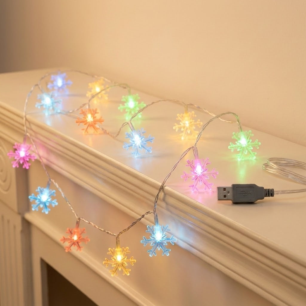 Multicolor USB snowflake string lights glowing on a white mantelpiece, with the USB connector visible and a warm beige wall in the background.