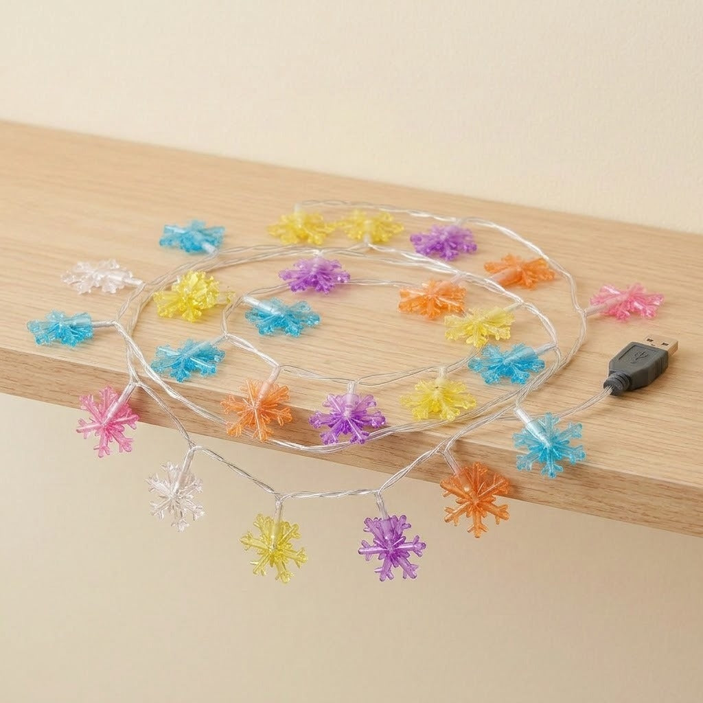 Multicolor snowflake-shaped LED fairy string lights coiled on a light wood shelf, with a black USB plug visible on the right side.