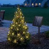 Solar-powered outdoor string lights draped over a small evergreen tree beside a solar panel on a post, set in a backyard garden at dusk.