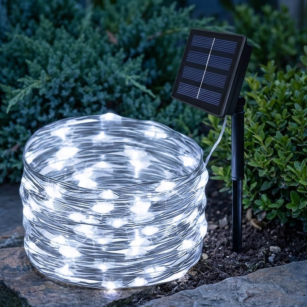 A coil of white solar string lights on a stone surface next to a black solar panel stake, with green garden bushes in the background.
