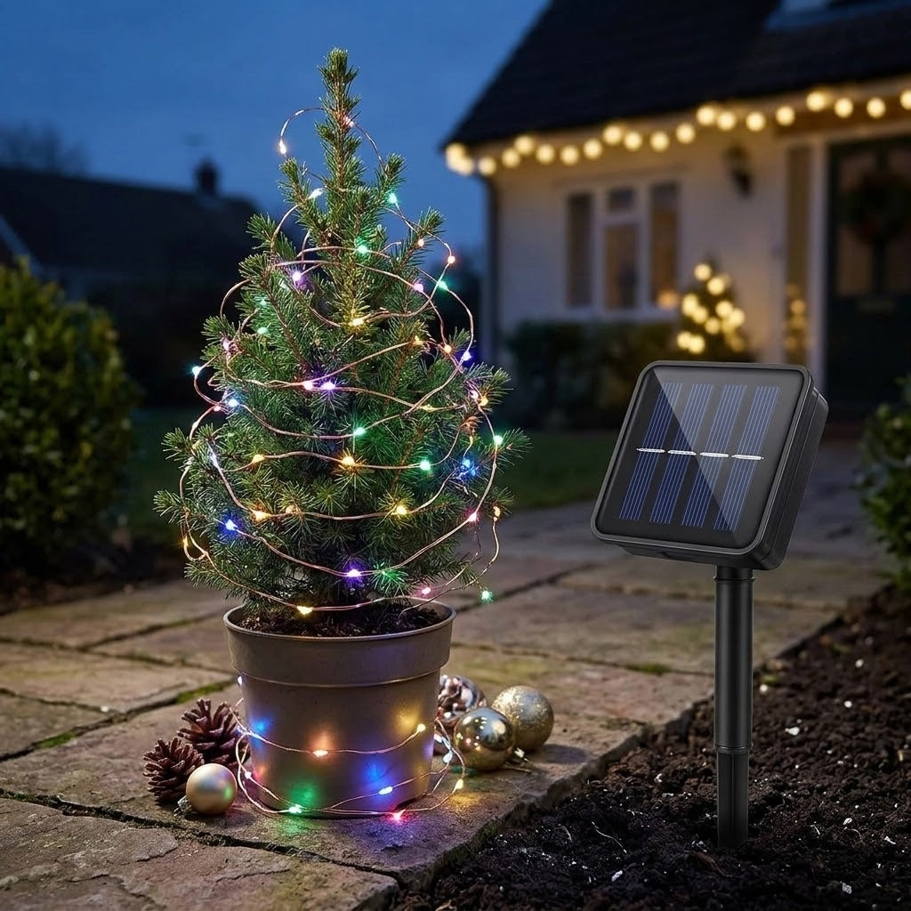 A potted Christmas tree decorated with glowing multicolor solar string lights, placed outdoors on a stone patio beside a solar-powered light fixture in front of a softly blurred house at night.