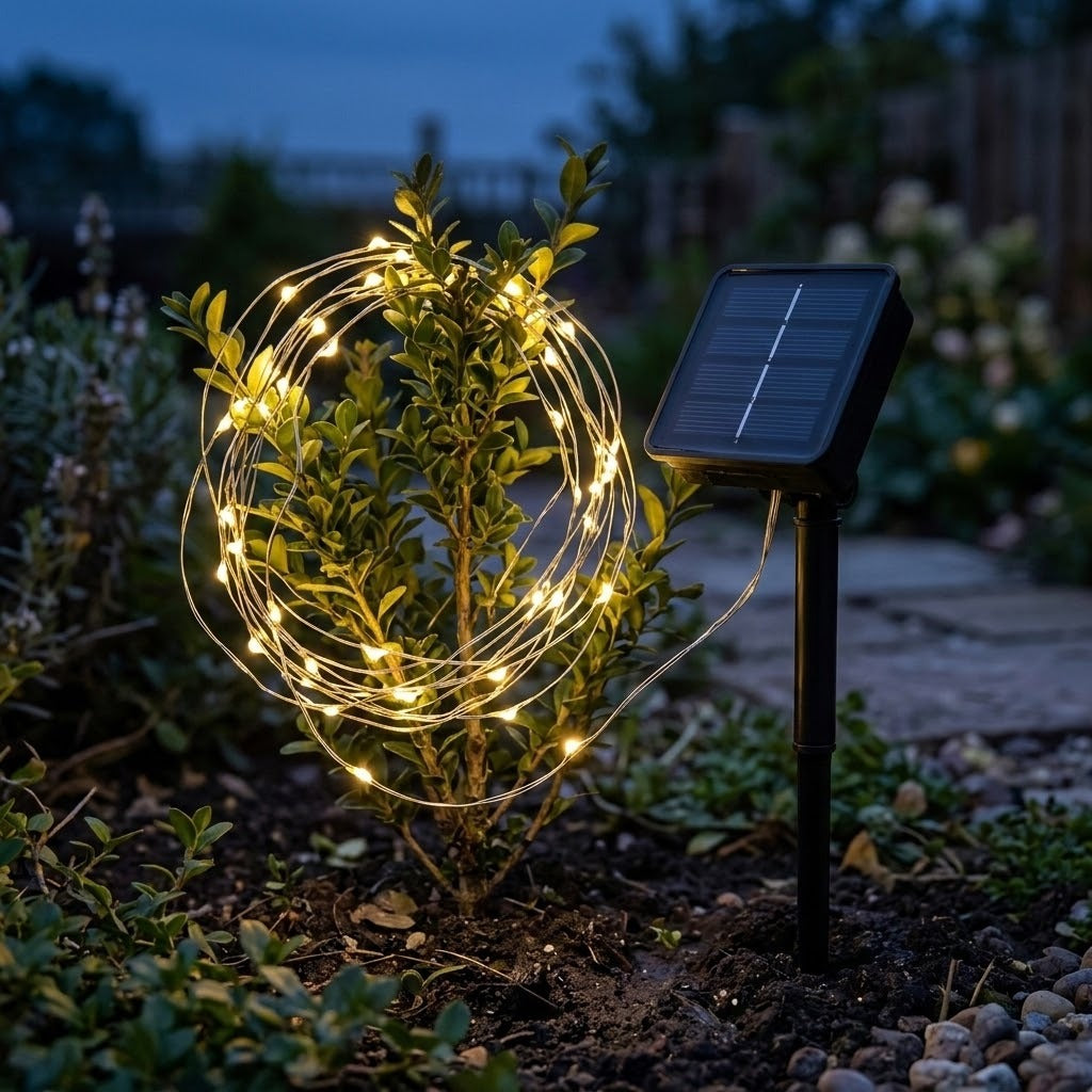 Warm white solar string lights loop around a small garden shrub beside a black solar panel on a stake at dusk.