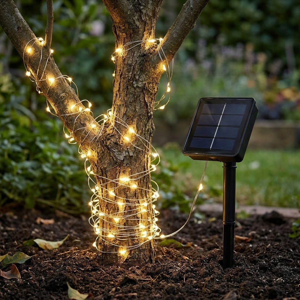 Warm white solar string lights wrapped around a tree trunk in a garden, with a black solar panel stake light on the right.
