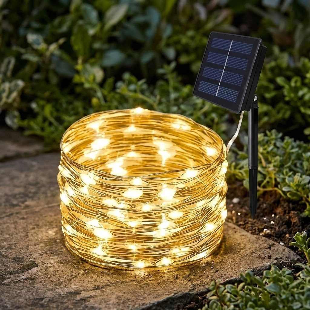 A coiled roll of warm white solar-powered LED string lights on a stone path outdoors, with a small black solar panel attached to a stake in the garden background.