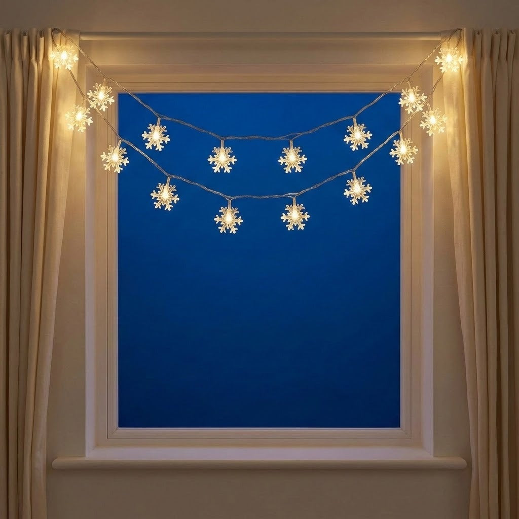 Warm white snowflake-shaped string lights draped across a window with beige curtains on both sides, set against a deep blue sky background.