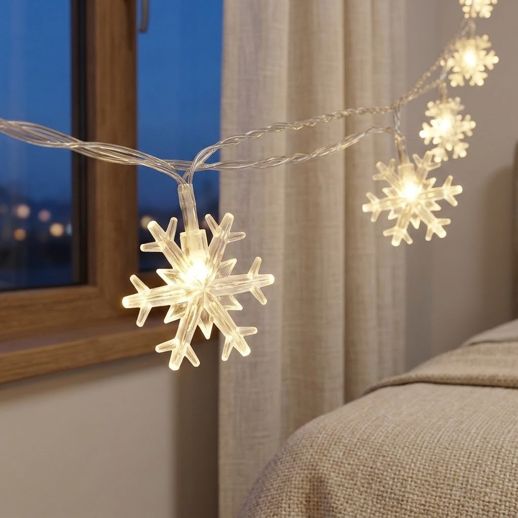 Warm white LED snowflake string lights hanging in front of a window and beige curtain, with a bed visible in the softly lit room.