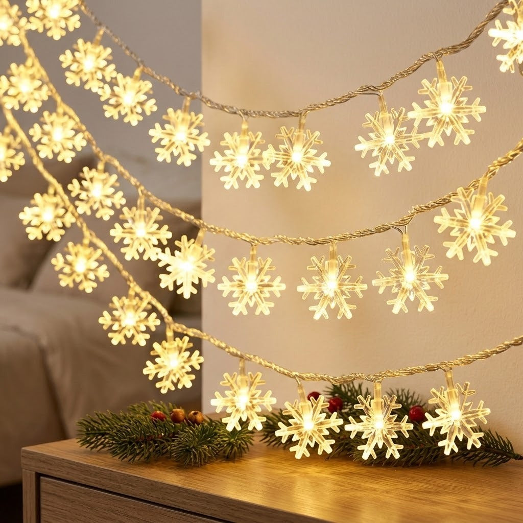 Warm-white snowflake curtain lights hang in curved rows above a wooden cabinet decorated with greenery and red berries.