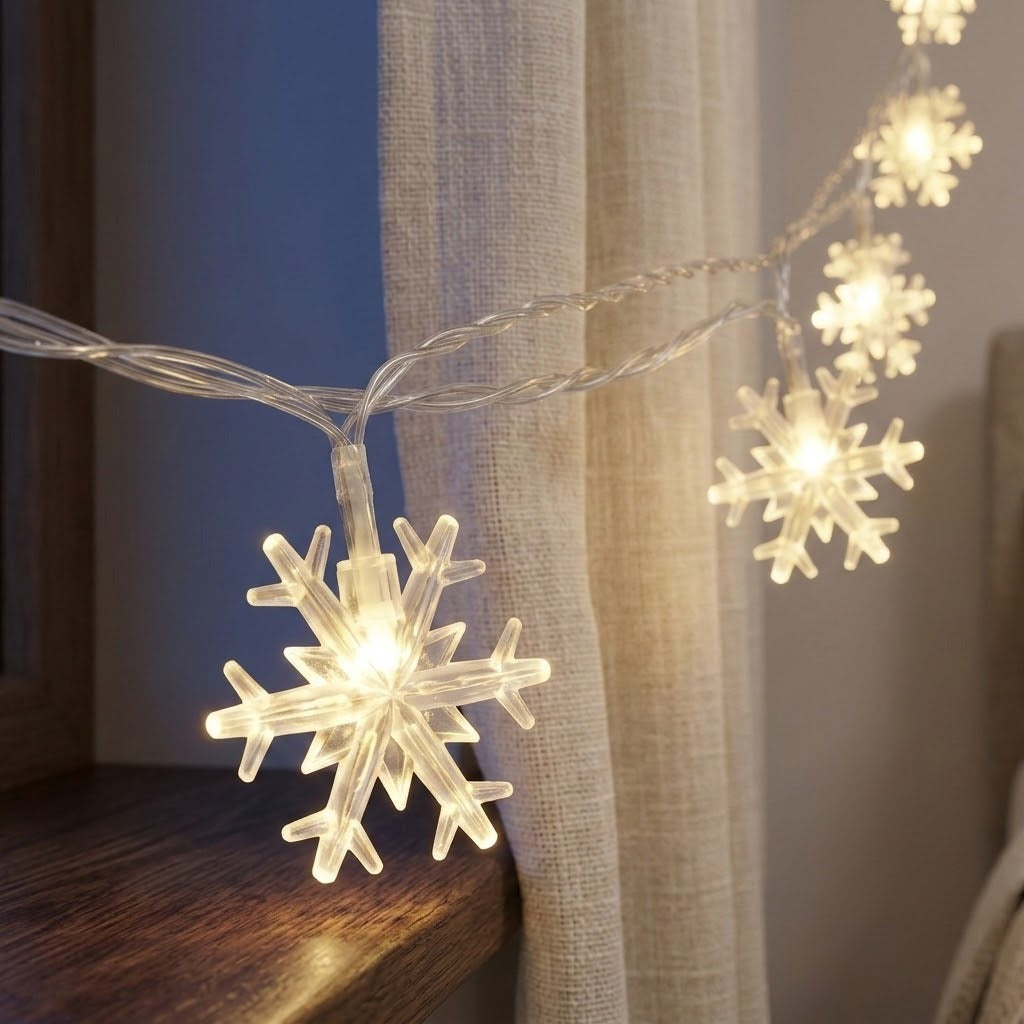 Warm white LED snowflake string lights draped across a window next to a beige curtain, casting a soft glow on a wooden ledge.