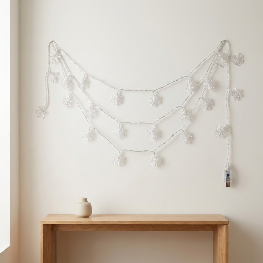 Unlit clear snowflake curtain lights drape in three curved rows against a cream wall above a wooden console and small vase.