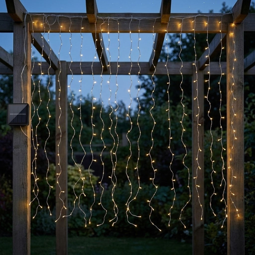 Warm white LED curtain string lights hanging from a wooden pergola outdoors at dusk, with a small solar panel mounted on one post.