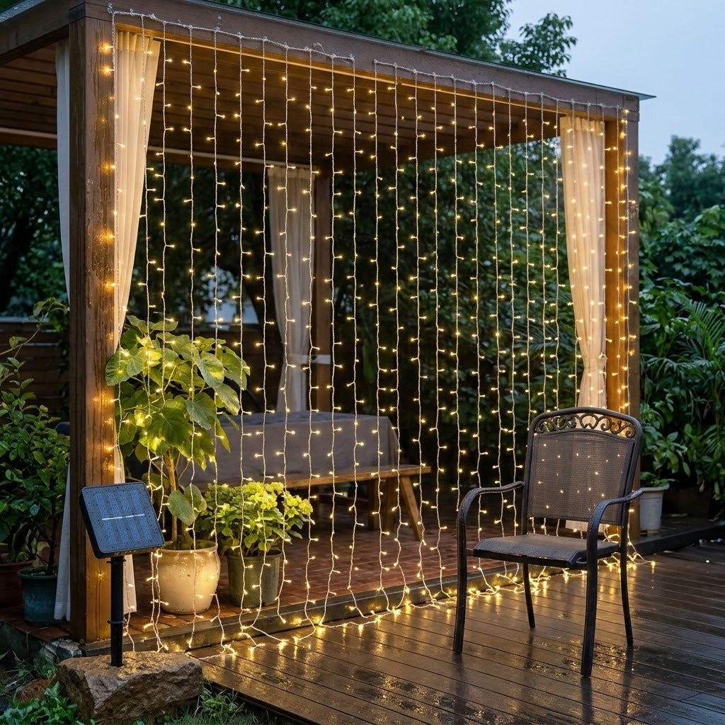Warm white LED curtain string lights hanging in a wooden patio gazebo, illuminating a wet deck and outdoor furniture at dusk.