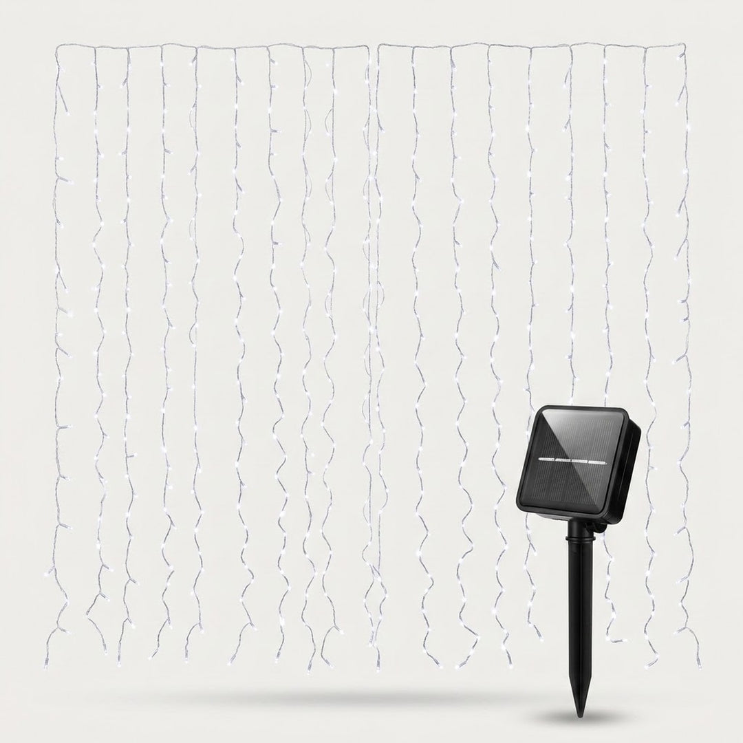 Solar-powered white string curtain lights with a black stake-mounted solar panel, shown against a light gray background.