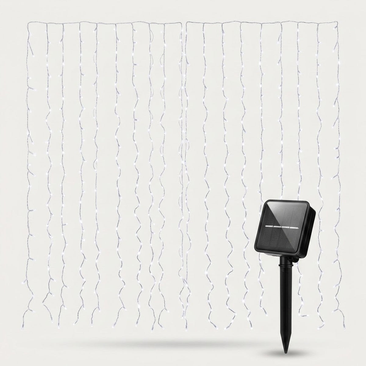 Solar-powered white string curtain lights with a black stake-mounted solar panel, shown against a light gray background.