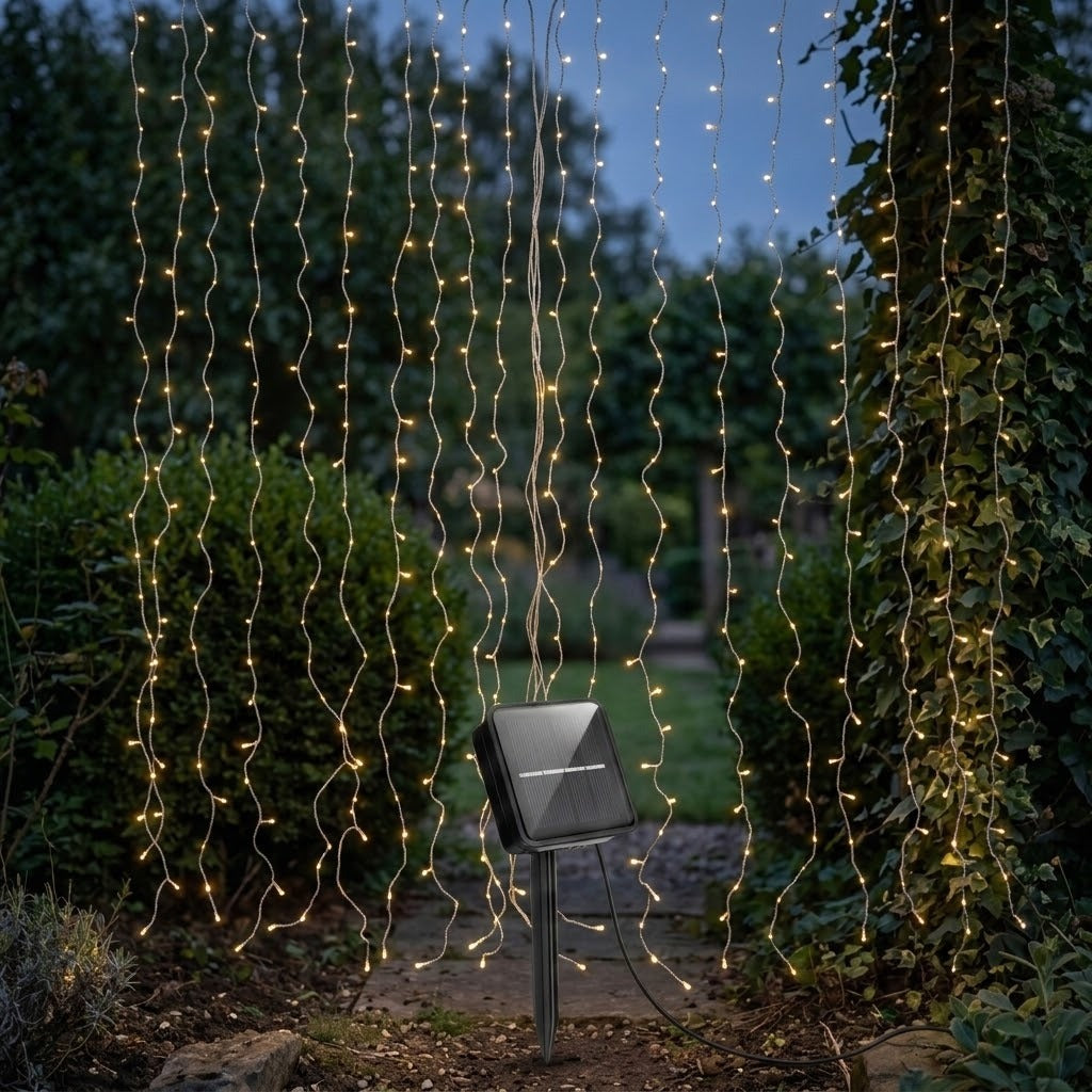 Warm white solar curtain light hangs across a leafy garden path, with a black solar panel on a ground stake.