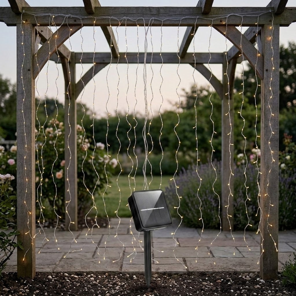 Warm white solar curtain light hangs from a wooden pergola above garden paving, with a black solar panel in front.